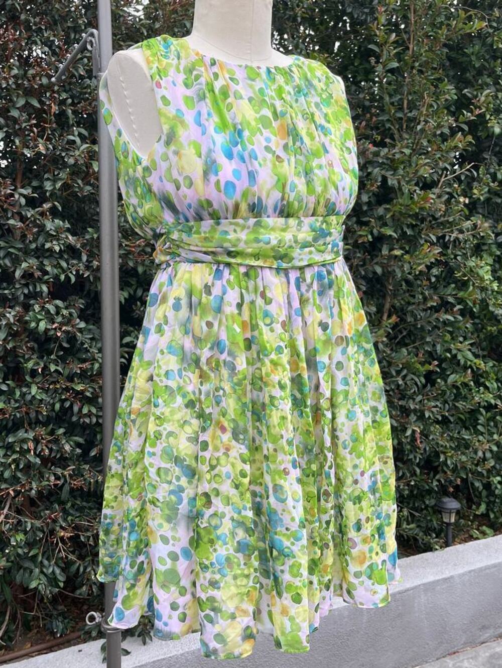 Abstract Pastel Cottage Helena for Neiman Marcus Green Fit Flare Summer Dress